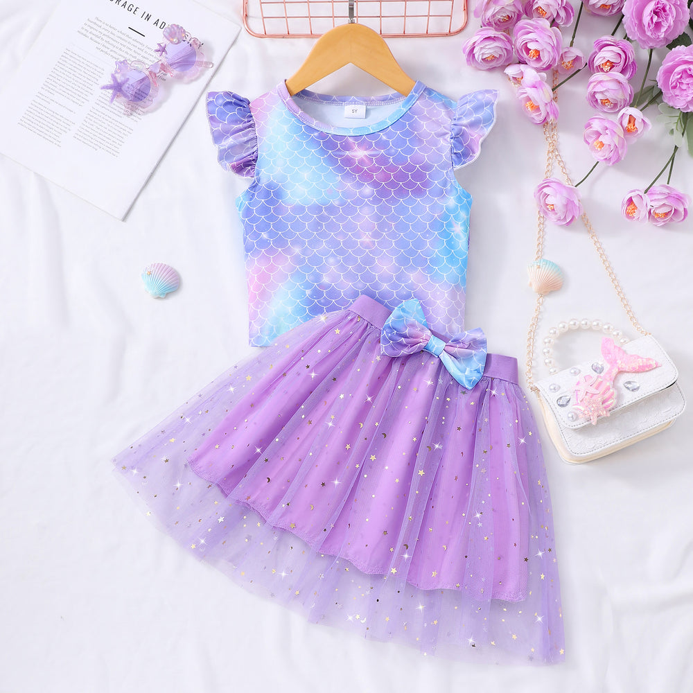 Girls' two-piece outfit: fish scale print flutter sleeve top + mesh skirt set