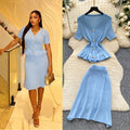 French work clothing style pink knittingtwo-piece set female summercasualv neck waist rufflesfashionelegantsuit