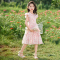 new korean style girls' princess dress - summer lightweight square neck printed chiffon short sleeve dress for children