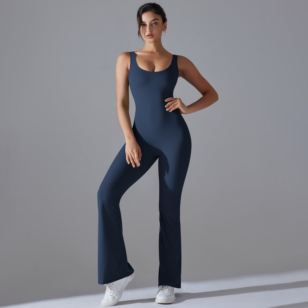 New arrival cross-border pure color beautiful back hip lifting longsilm wide leg jumpsuit sports running fitness jumpsuit yoga wear