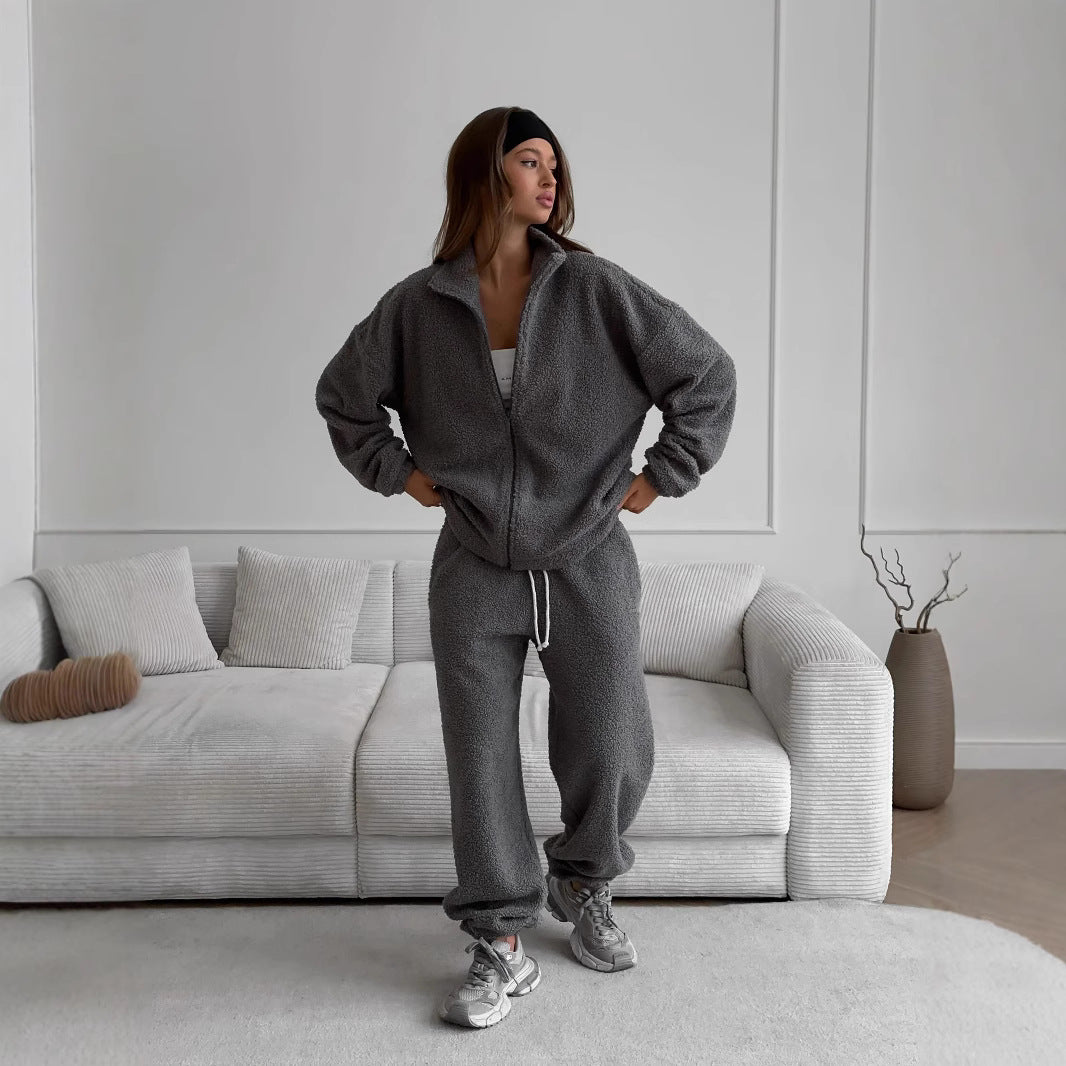 Cross-border sweater cardigan set women's Europe, America 2025 autumn and winter new sports and leisure fleece cardigan sweater set