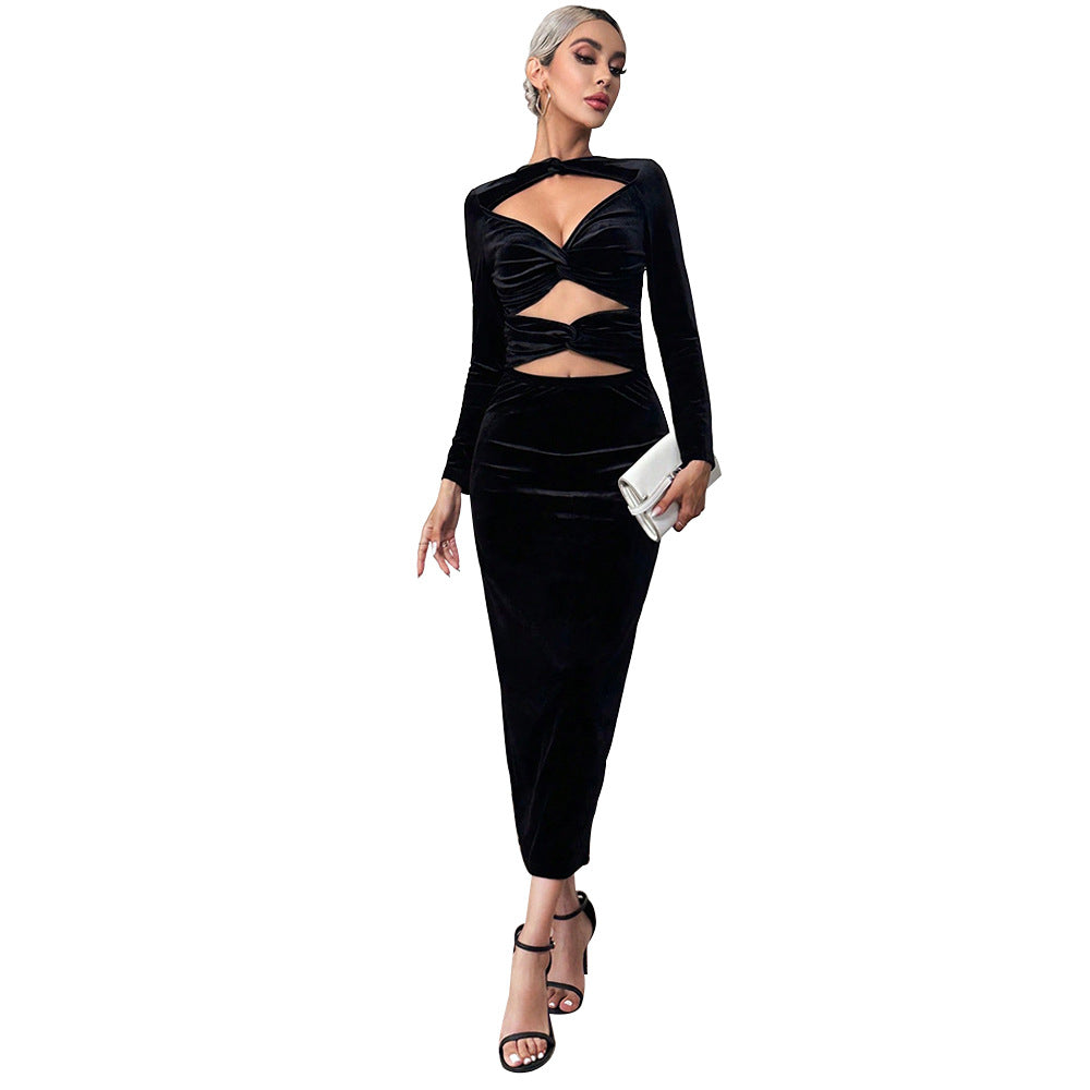 Cross-border European and American women's clothing hollow and thin sexy Hepburn style pullover long sleeve hip wrap small black dress velvet dress