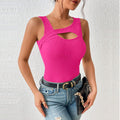 european and american women's clothing  new slim-fit sexy knitted solid color cutout tank top t-shirt - versatile and chic top