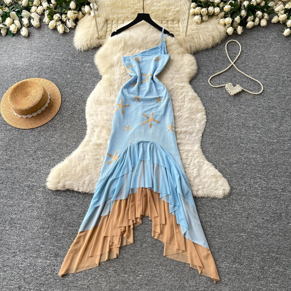 Vacation style slanted shoulder suspender dress for women summer blue sea star gradient asymmetrical fishtail skirt accessible luxury