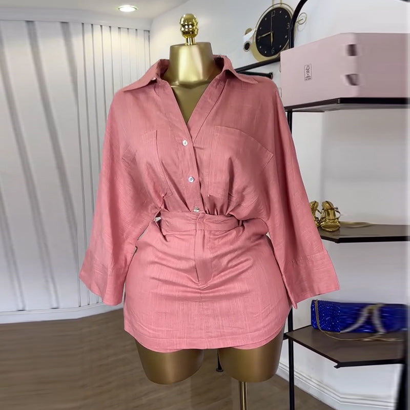 European and american women's clothing  summer new collection: sweet and fresh turn-down collar batwing sleeve blouse with high-waisted midi skirt two-piece set