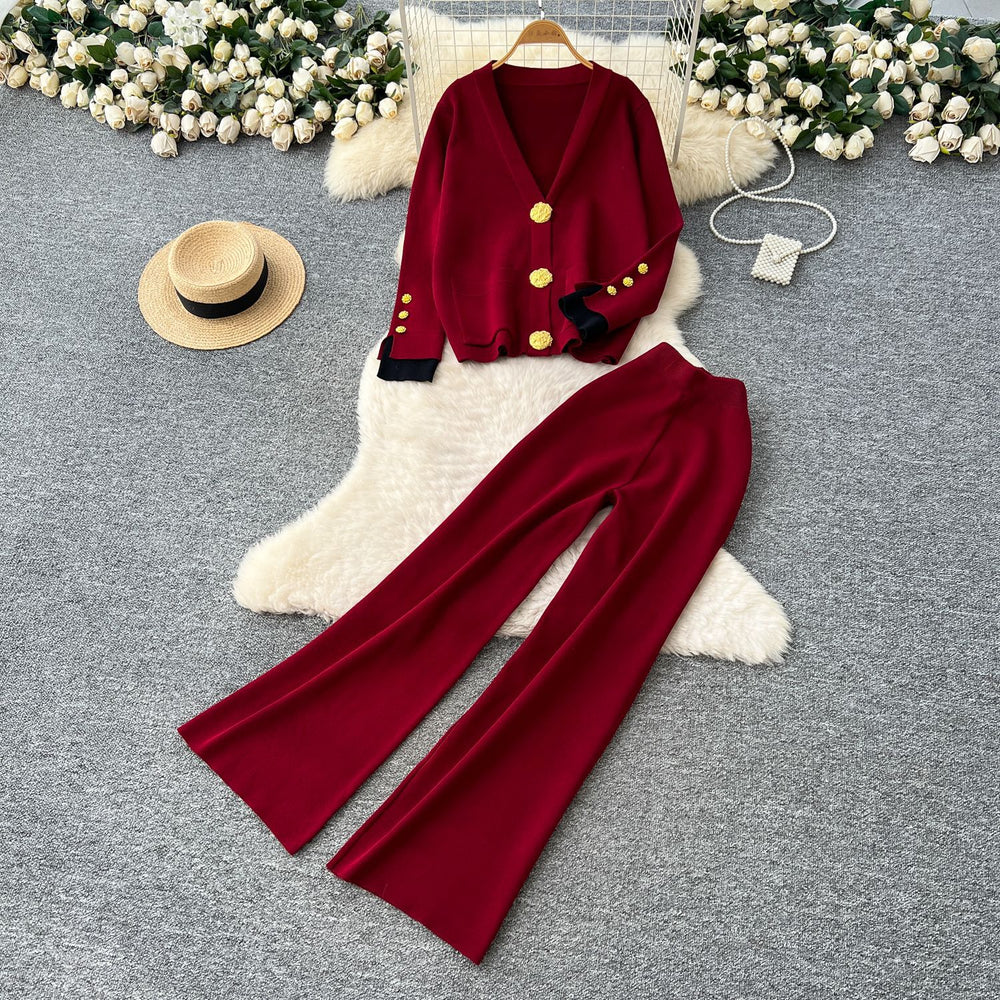 Xiaoxiangfengclassy heavy industry metal buttons v necklong sleevesknittingtops women's high waistloosestraight-leg pantssuit