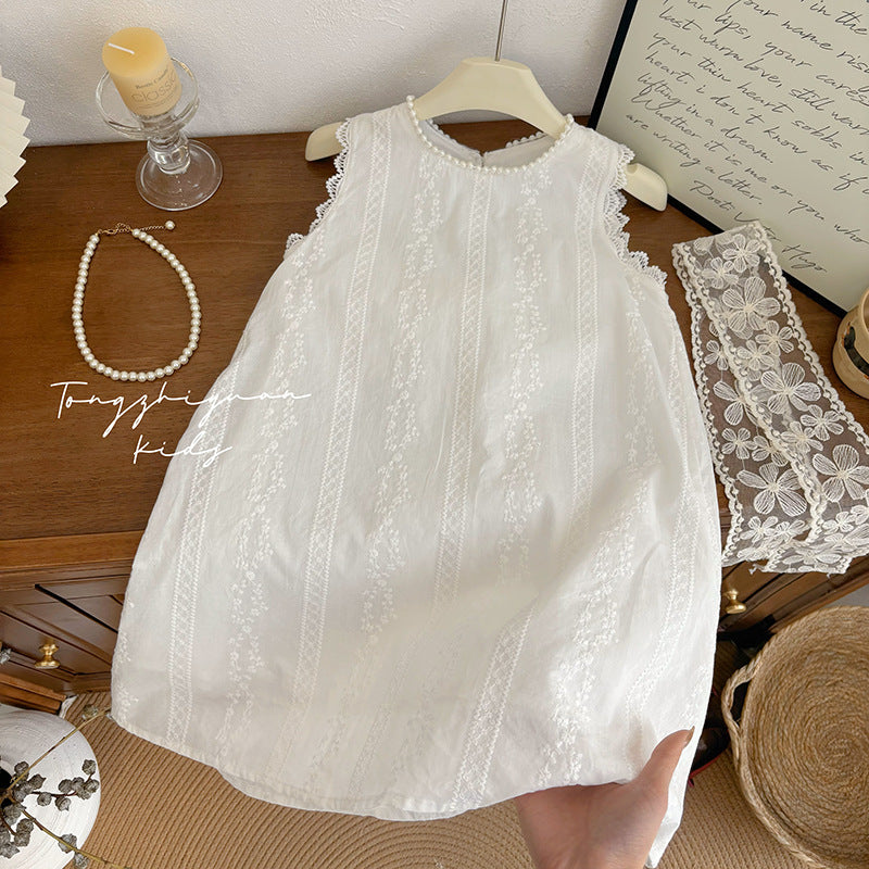 Girls' summer new fashionable and stylish white bow dress - casual, trendy, high-quality children's clothing for baby girls