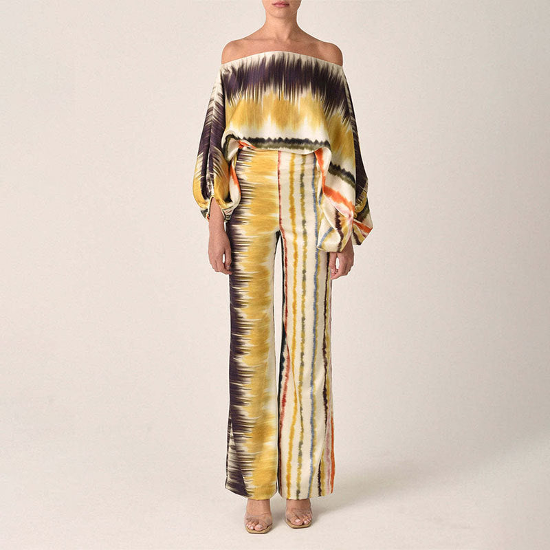 european and american women's fashion printed off-the-shoulder loose batwing sleeve cinched-waist wide-leg pants two-piece set, customizable