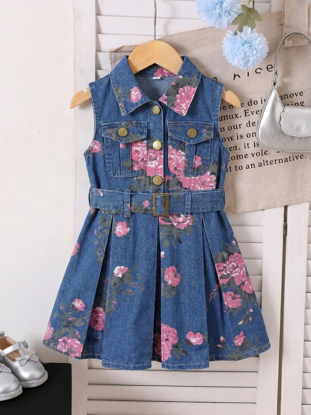 hot-selling girls' sleeveless printed denim dress + belt, denim washed dress - cross-border exclusive
