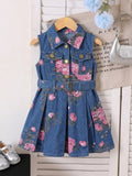 hot-selling girls' sleeveless printed denim dress + belt, denim washed dress - cross-border exclusive