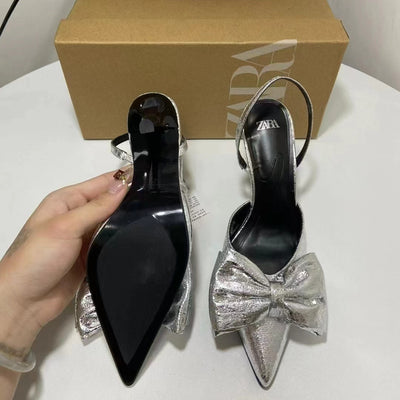 2024za new spanish trendy brand silver pointed-toe bow heels with metallic crackle detail and slingback stiletto heels for women