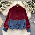 Spring korean style fashion design bowknot denim patchwork long sleeve shirt women's loose blouse top
