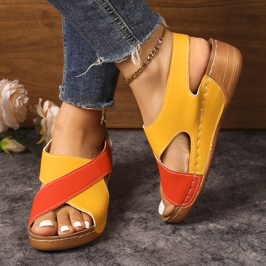 Women's color block platform sandals - 2026 summer new arrival - cutout criss-cross strap european & american wedge heel roman sandals wholesale