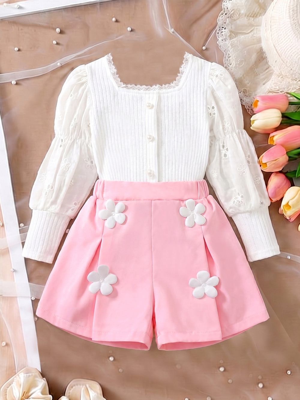 new autumn cross-border girls' square neck puff sleeve top + 3d floral hem butterfly shorts set