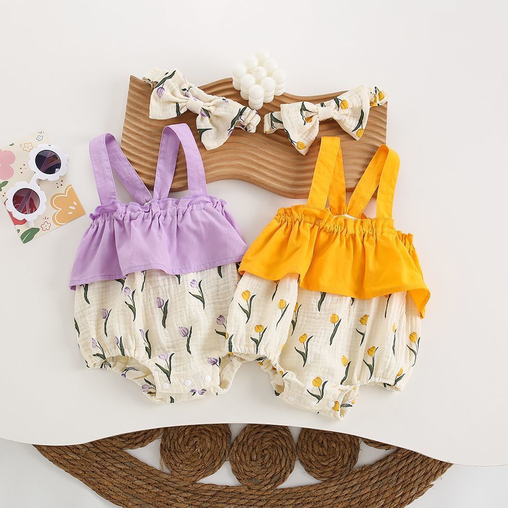Baby summer romper: stylish tulip print triangle bib overalls for baby girls