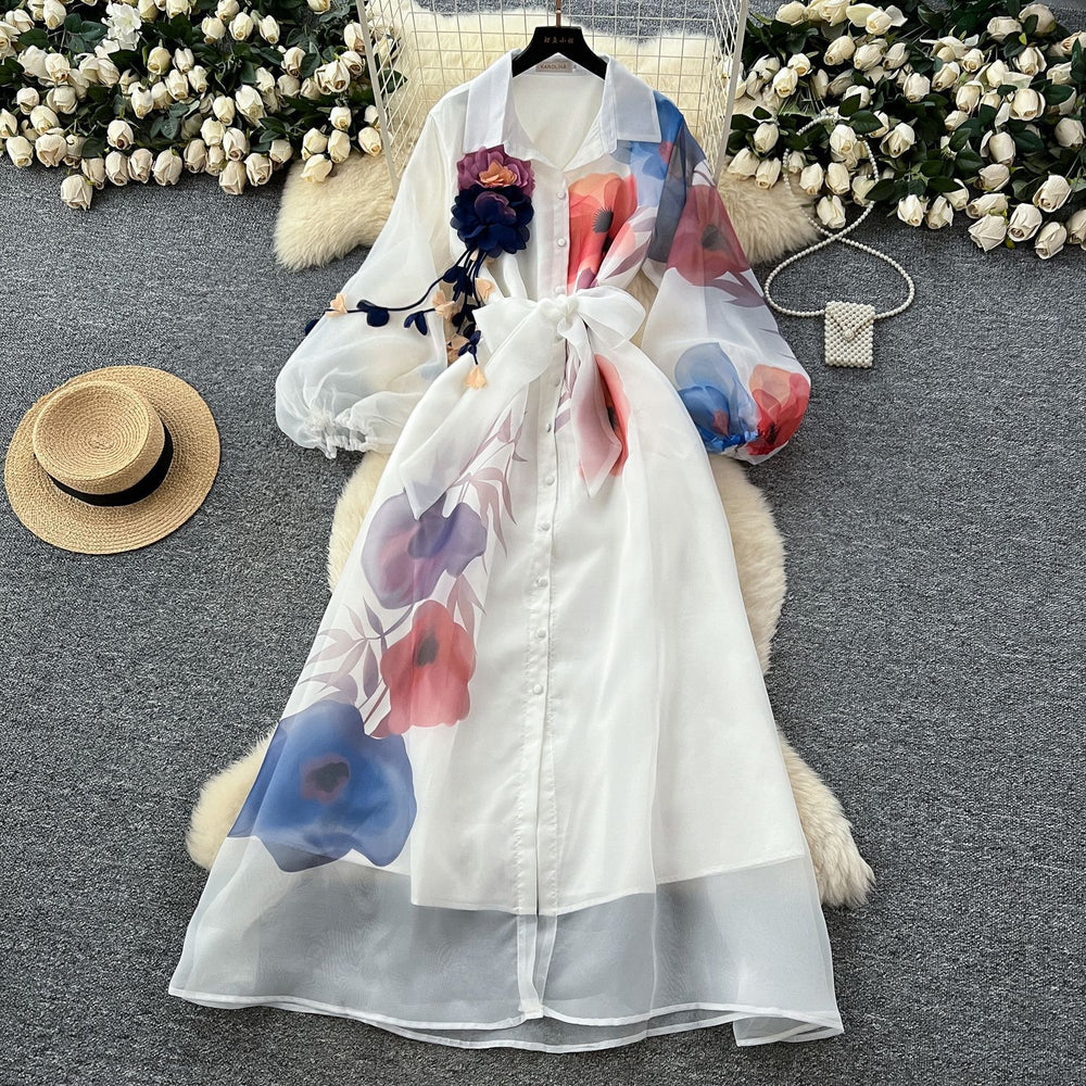 French court style dress - women's high-end tie-waist lantern sleeve printed single-breasted mesh elegant maxi dress