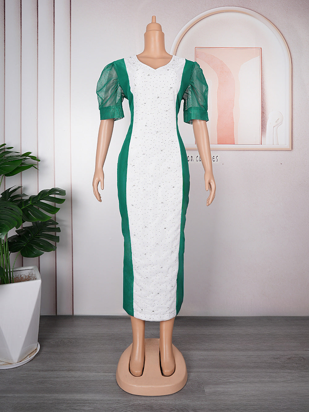 heavy industry hotfix rhinestone color block patchwork dress - african plus size women's elegant commute dress