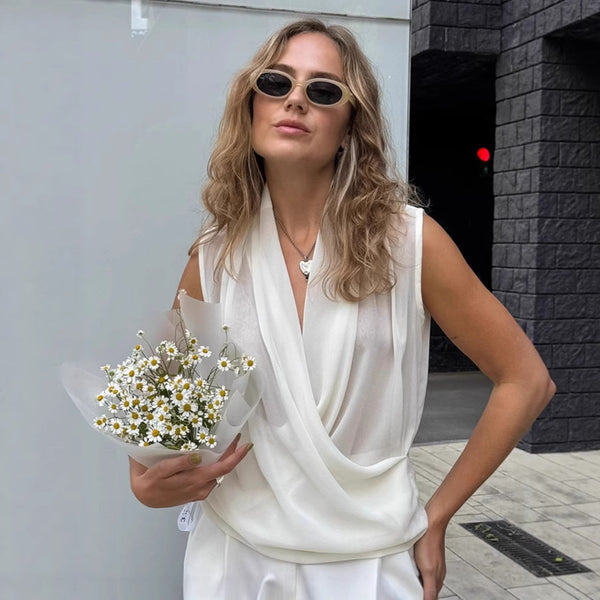 French drape chiffon top women's 2025 autumn wear design sense pullover loose white V-neck vest women's clothing