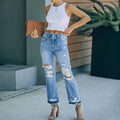 Amazon  hot selling women's jeans: european and american new style, chic commute, fashionable washed distressed straight-leg jeans