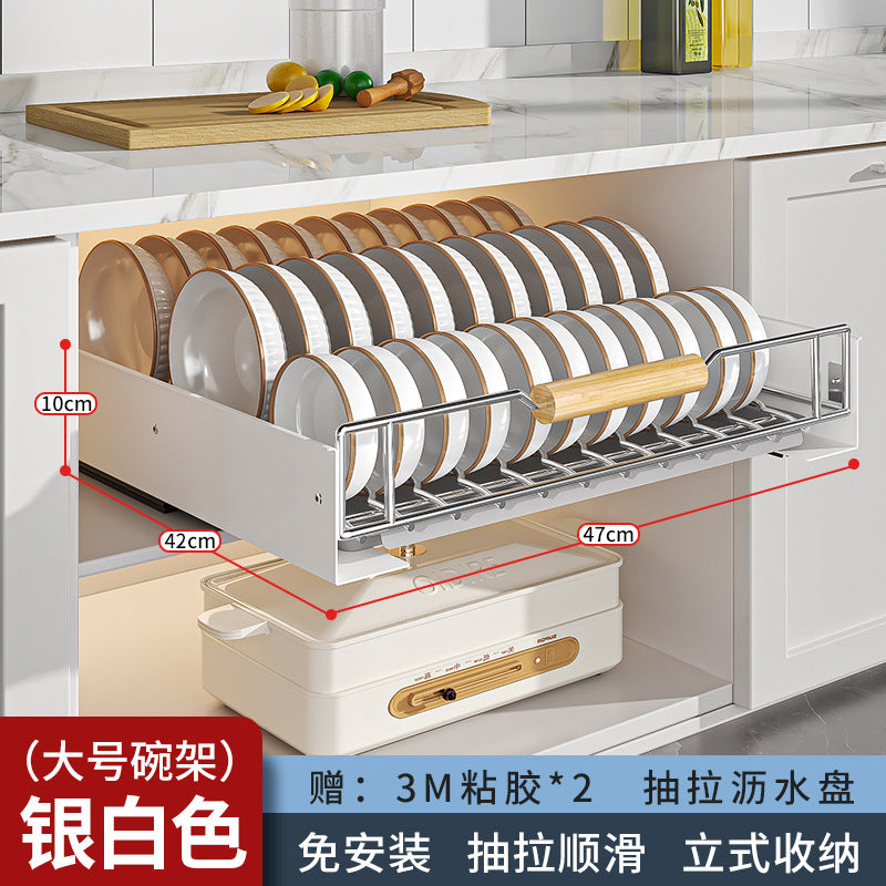 Pull-out dish rack in kitchen cupboard, drawer-type shelf, dish rack, storage rack, pull basket, bowl rack, drain rack