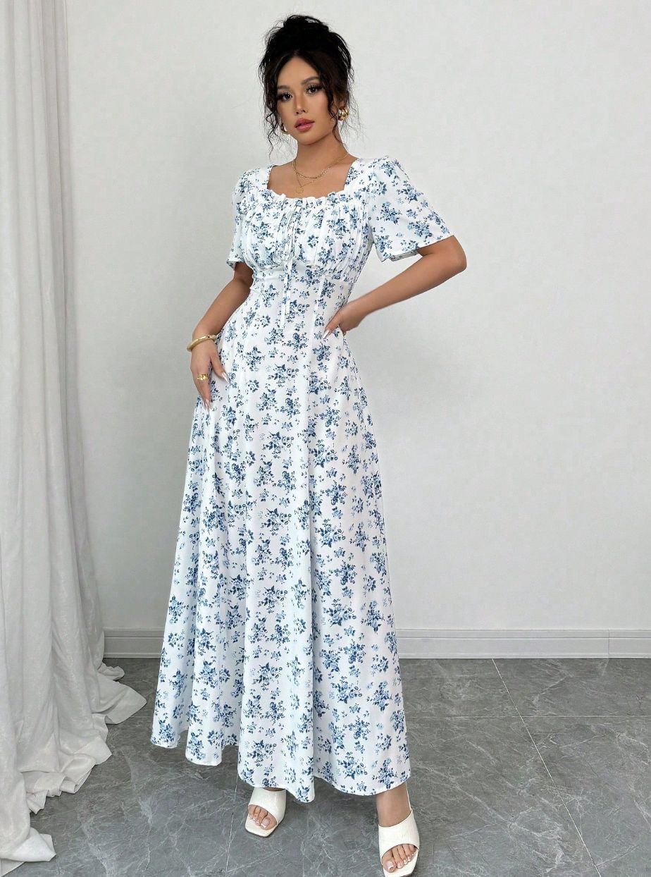 Evening mist spring/summer floral print bubble sleeve dress, fashionable slit hem a-line dress, women's clothing