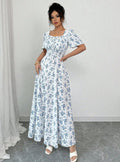 Evening mist spring/summer floral print bubble sleeve dress, fashionable slit hem a-line dress, women's clothing