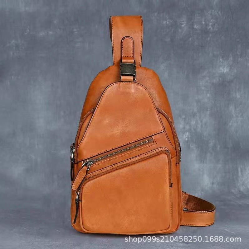Retro hand-rubbed vegetable-tanned cowhide chest bag men's genuine leather crossbody bag casual shoulder crossbody bag soft leather bag