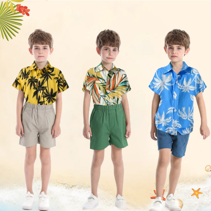 children's clothing, new boys' short-sleeved shirts, vacation beach style floral shirts, boys' short-sleeved shirts, children's shirts for boys, summer