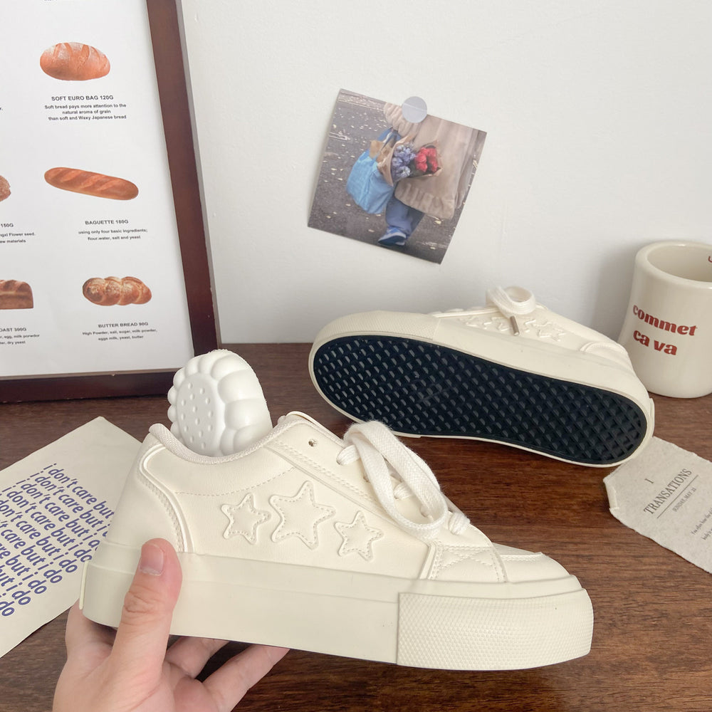Creamy white chunky sole white sneakers - women's star edition, autumn 2026 new arrival. chic, niche, versatile leather upper, student style athletic skate shoes