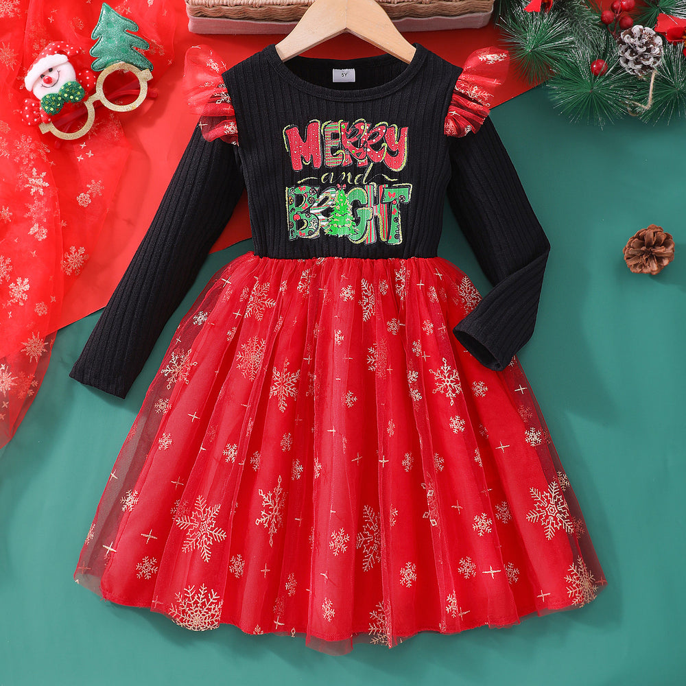 Kids' long-sleeve crewneck dress with letter print and mesh overlay