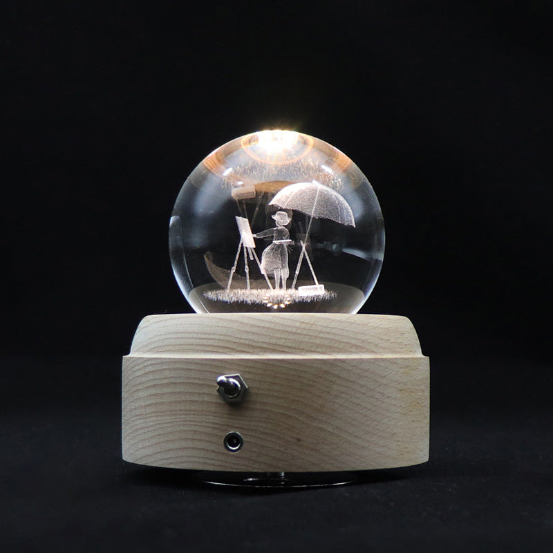 ins girl bedside lamp music box crystal ball wooden base music box charging luminous rotating music box