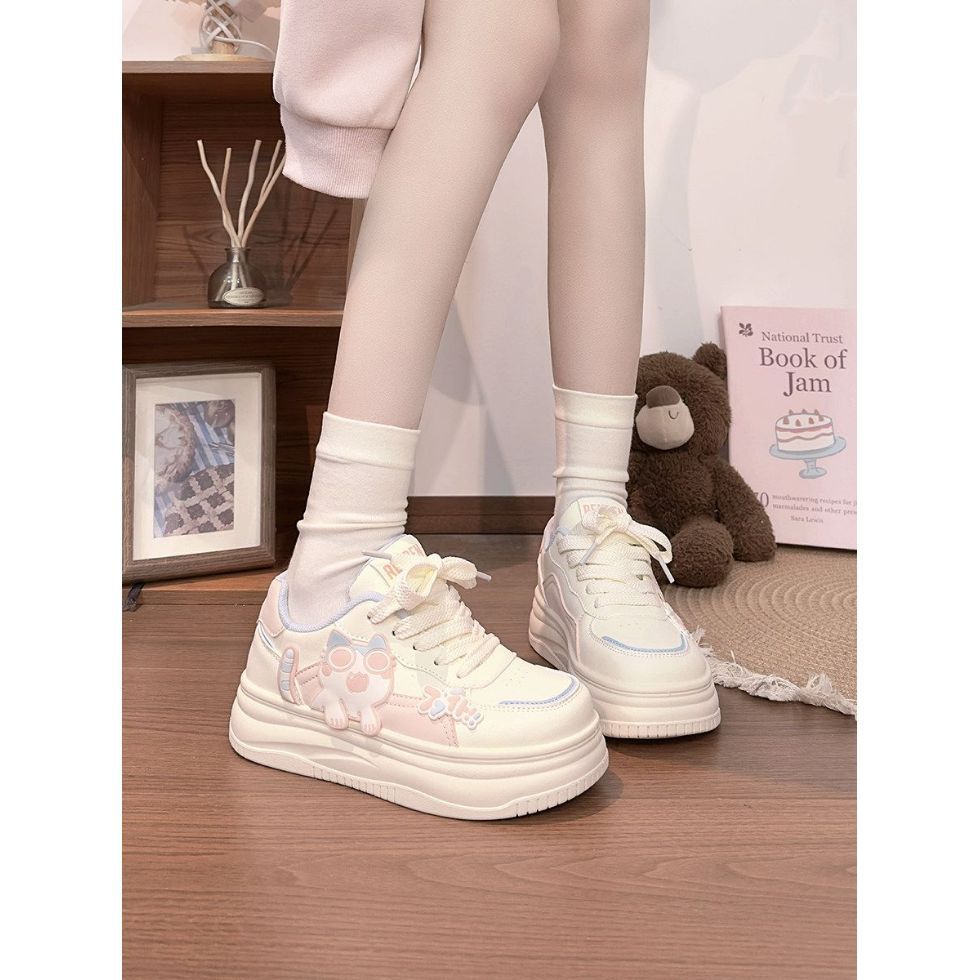 Pink women's cute cat sneakers -  spring/autumn new cartoon student platform korean style skate shoes