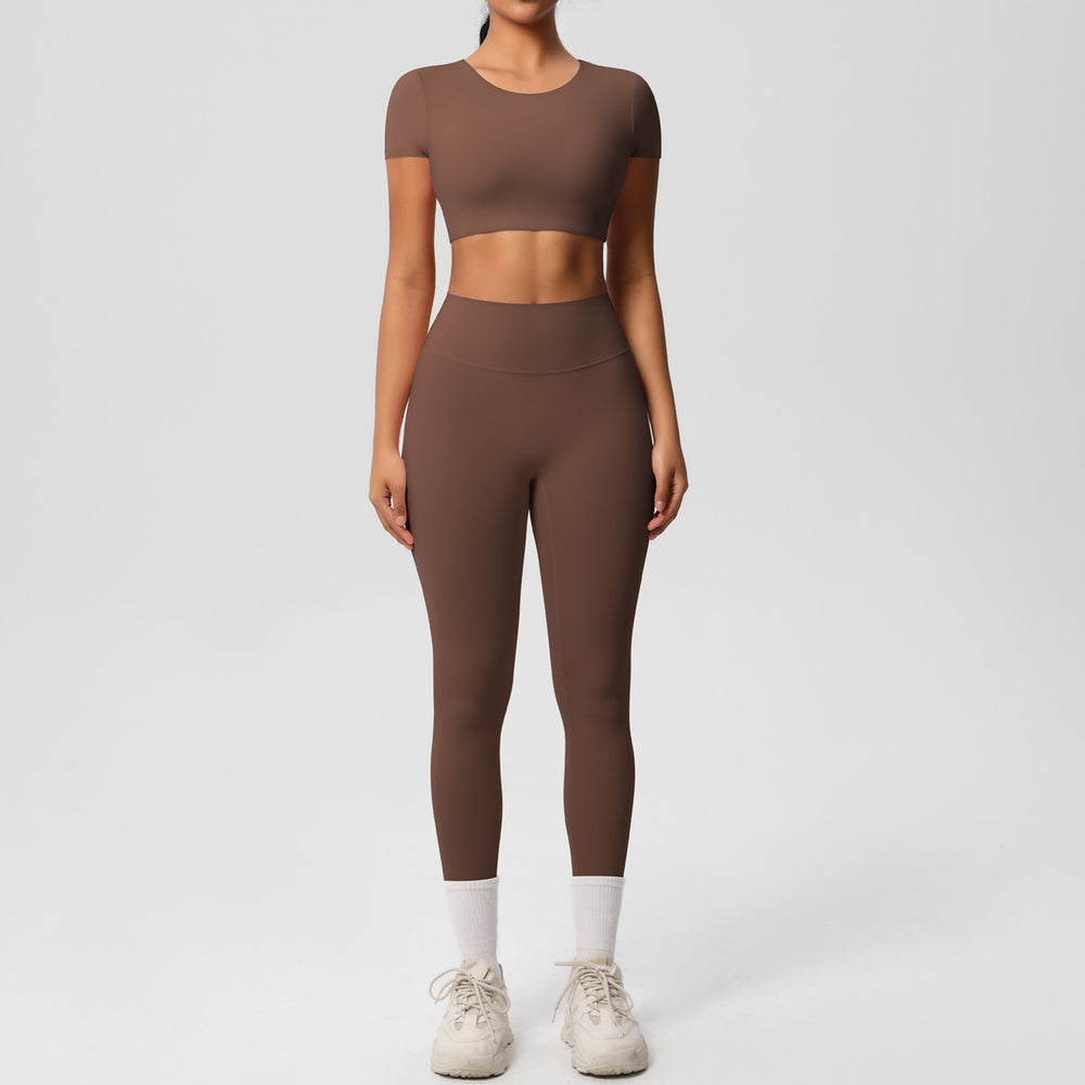 Ready-to-ship cross-border double-sided nylon brushed naked feel tight-fitting activewear yoga set - running & fitness short sleeve two-piece outfit