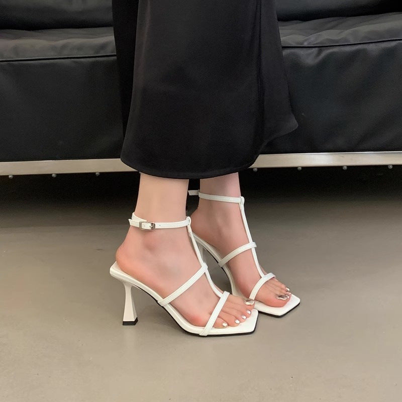2025 summer new french style women's square toe stiletto heel thong sandals - premium thin strap sandals