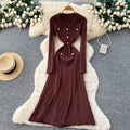 Frenchclassyretro lapel long sleeves metal buckle silmslimming lookelegant vertical pattern knittingdress