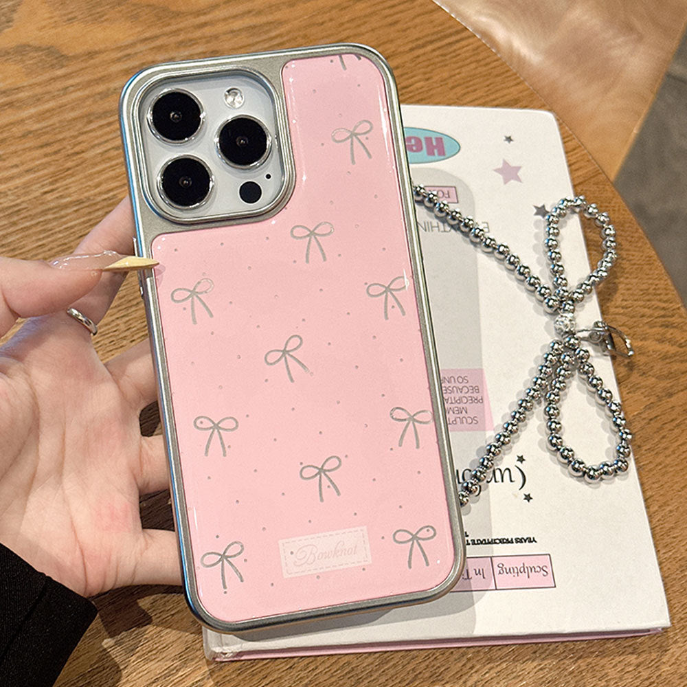 Bowknot pink iphone 16 pro max electroplated phone case, apple 15 silver edge epoxy 14 protective cover