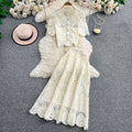 Elegant age-reducing heavy industry laceembroider round neckshirtsense of designsingle breastedtopstwo-piece sethigh waist skirt
