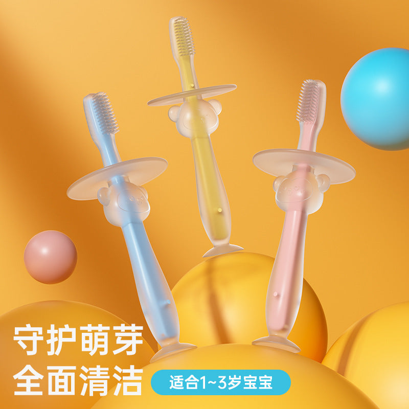 Baby training silicone three-dimensional baby teeth brush standing suction cup toothbrush silicone tongue coating soft bristle brush baffle safety brush