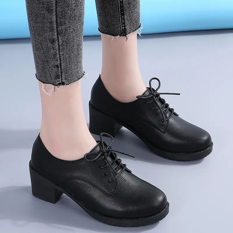 Women's retro leather mary janes - spring/autumn style, british-inspired mid-heel professional flats, black interview/work shoes - comfortable & non-fatiguing