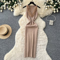 French riviera style halter sleeveless dress - women's summer cinched waist slimming tiered ruffle cake dress