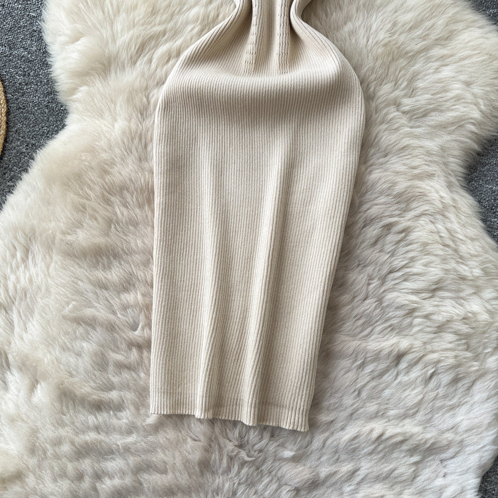 K-stylev neck short-sleeved knittingelegantdress women's summer silmslimming look waist a-line skirt light and elegant style