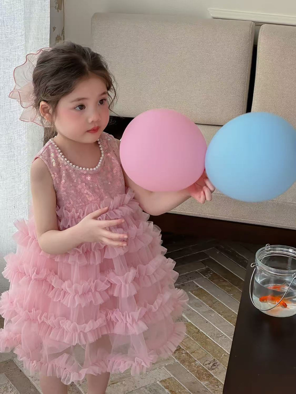 Girls' dress  summer new style chic little girl sequin vest dress pearl collar cake skirt trendy