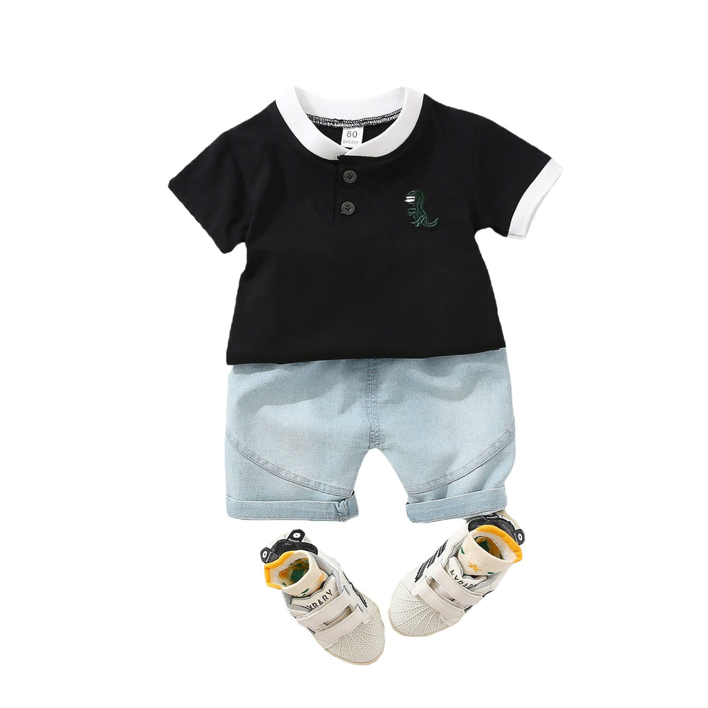 Kids' polo shirt set, 0-5 years old, embroidered dinosaur short-sleeve t-shirt and shorts 2-piece set, cross-border e-commerce