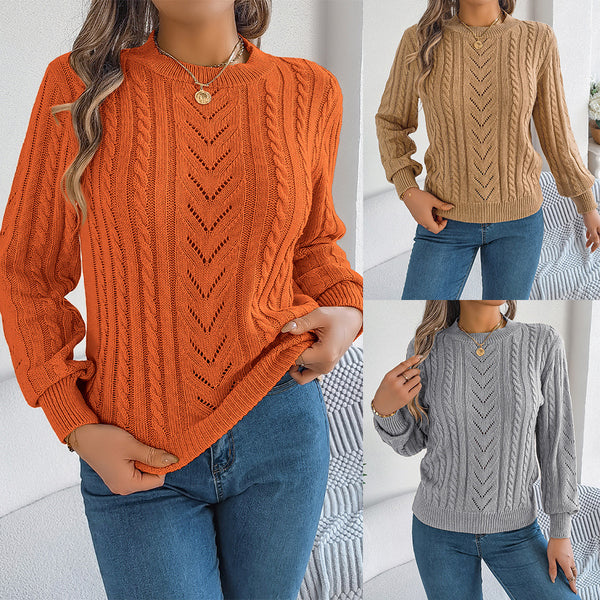 Real autumn and winter European and American casual solid color hollow lantern sleeve pullover sweater, independent station  European and American women's clothing