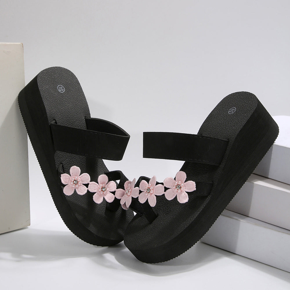 plus size beach slippers for women summer outwearthick sole high-heeled cool women's k-style seaside flower wedge toe slippers
