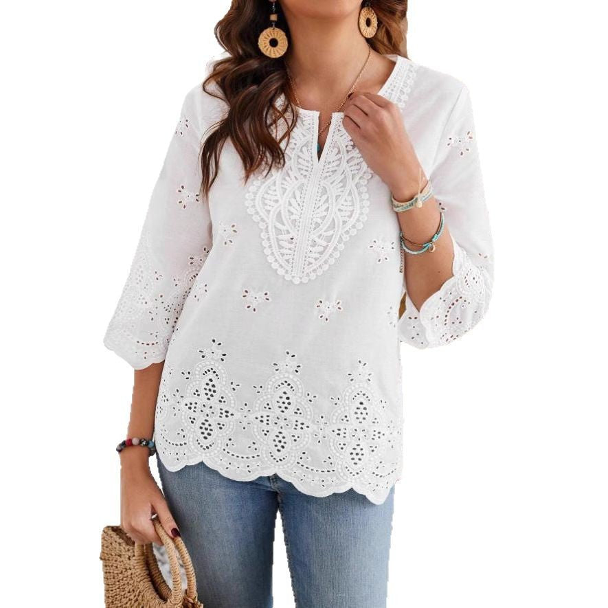 cross-border  fashion sexy lace v-neck spring/summer new arrival three-quarter sleeve blouse