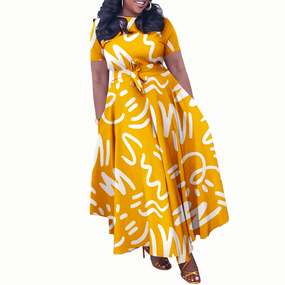 Q125 summer new fashion cross-border  elegant women's tie-up printed plus size european and american style dress