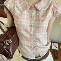 Cute style pink plaid puff sleeve shirred waist slimming short sleeve shirt women's small floral lace trim cropped top summer
