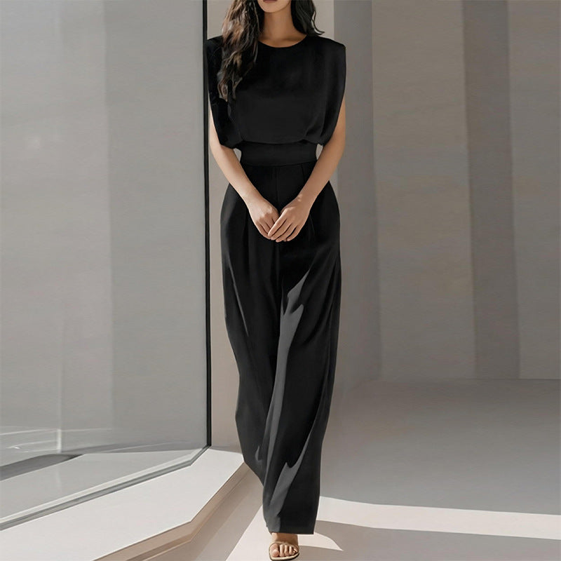 summer new women's clothing - cross-border european & american style - fashionable casual commute solid color crew neck pleated jumpsuit