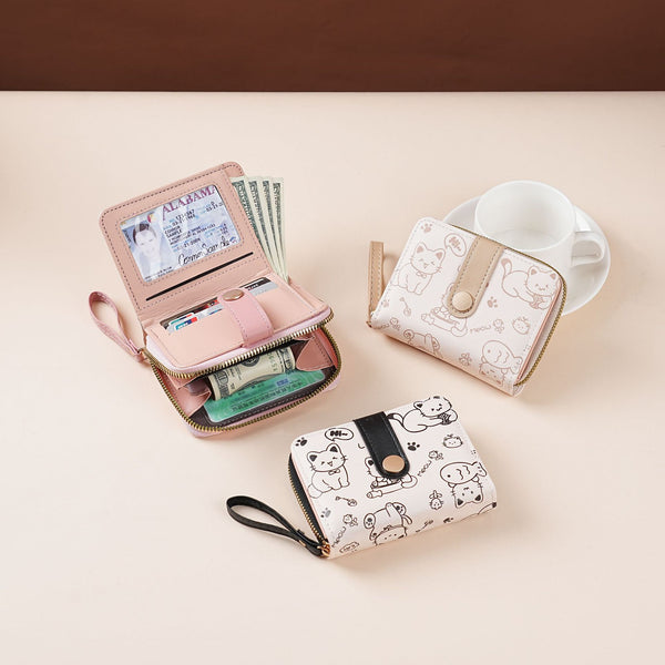 The latest popular cartoon Japanese cute kitten women's bag student folding large capacity zipper wallet portable belt women's bag